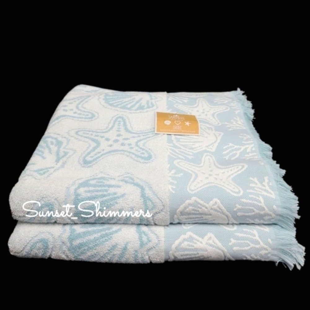 6pc Deborah Connolly Coastal Starfish Scalloped Seashell Bath Hand Tip Towel Set - Picture 5 of 10